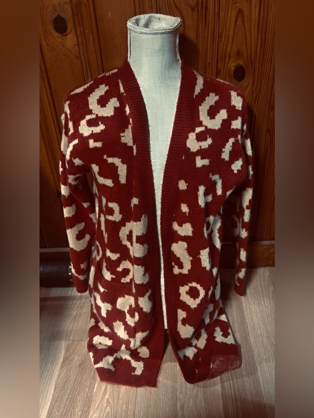 Open-Front Burgundy and Cream Leopard Print Cardigan